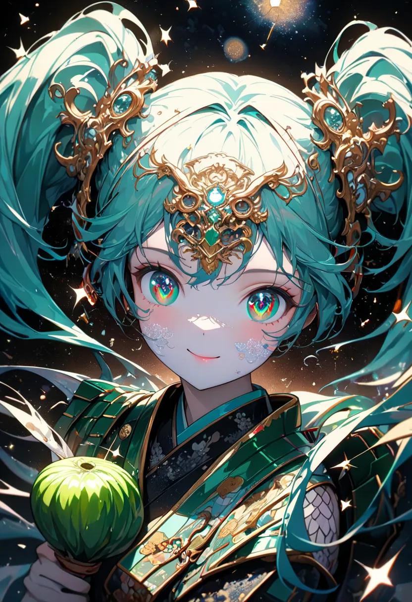 ((Hatsune Miku, Samurai, Emerald Green Japanese Armor, Cute, Smiling, Carrying Onion on Back, Space Background)), ((High Resolution, Ultra High Resolution, Symmetrical Pattern, Vibrant Colors, Geometric Shapes, Captivating Design, Optical Illusion, Dynamic...