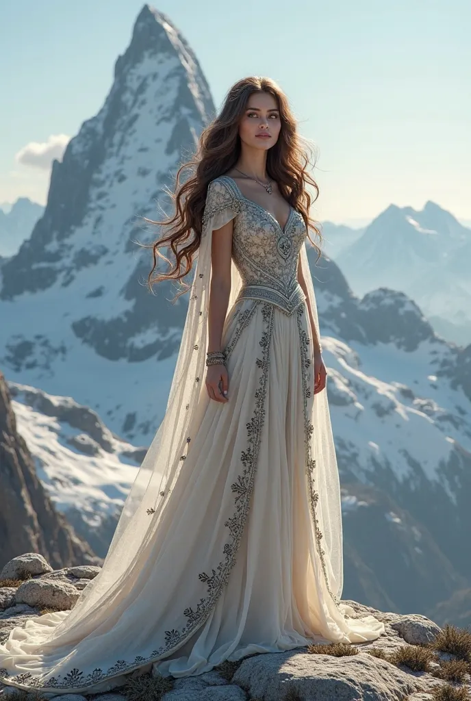 I want 3D art brunette woman in princess clothes at the top of the mountain