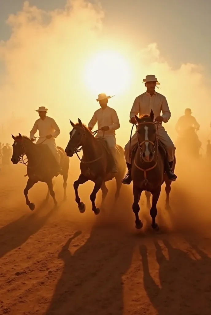 "A fisheye-lens photograph capturing the intensity of a traditional ‘Marmah’ horse racing event in Qena, Egypt. The image is taken from a low angle, emphasizing the power and speed of the galloping horses as they kick up thick clouds of dust. The riders, d...