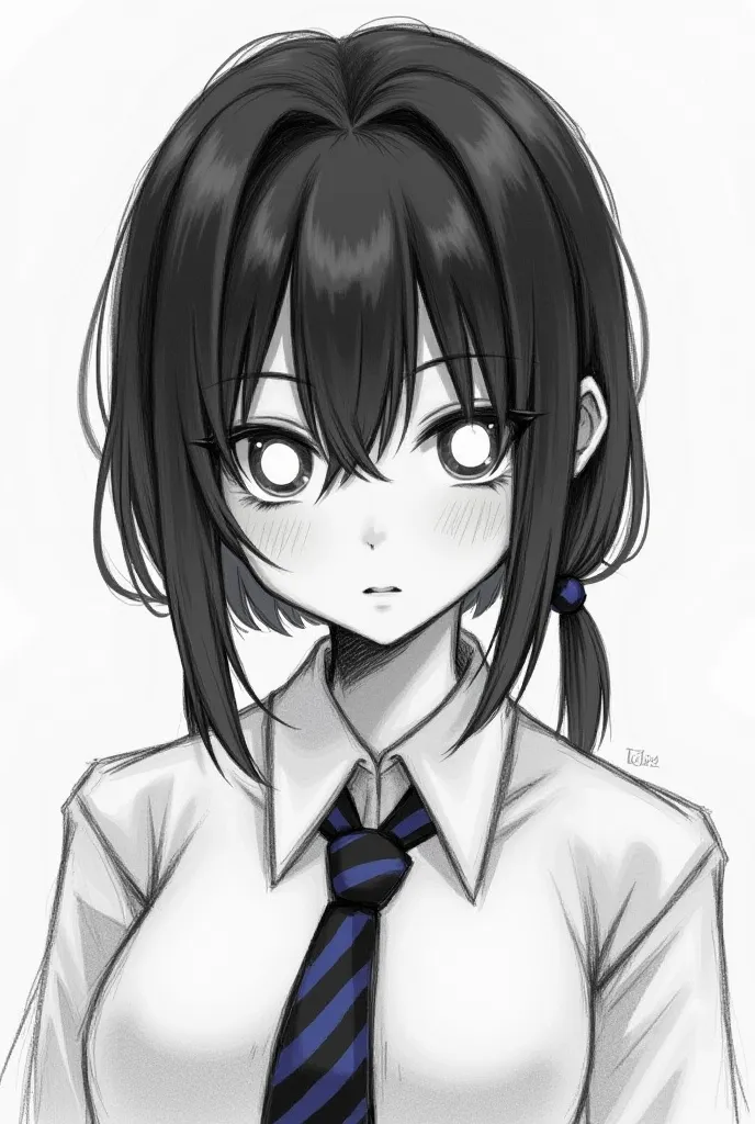 Make a digital pencil-style image from the waist up of a white-eyed girl with short hair with black locks on her fringe, two ponytails, and she's wearing a school shirt with a dark blue and black tie.