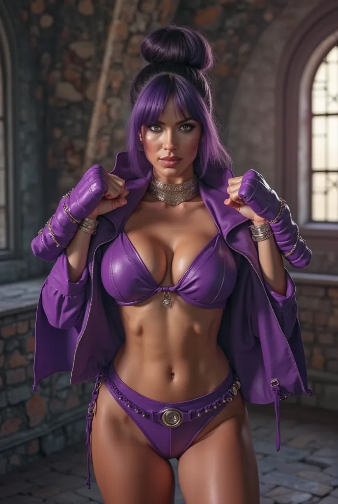 Photorealistic, Masters of the Universe, sexy villainess, hottest, fit body, bun hair, voluptuous, skimpy purple outfit, large breasts, professional photo, detailed, Evil-Lyn, Abigail Ratchford, big boobs, padded fists up, 35mm picture, confident, castle g...