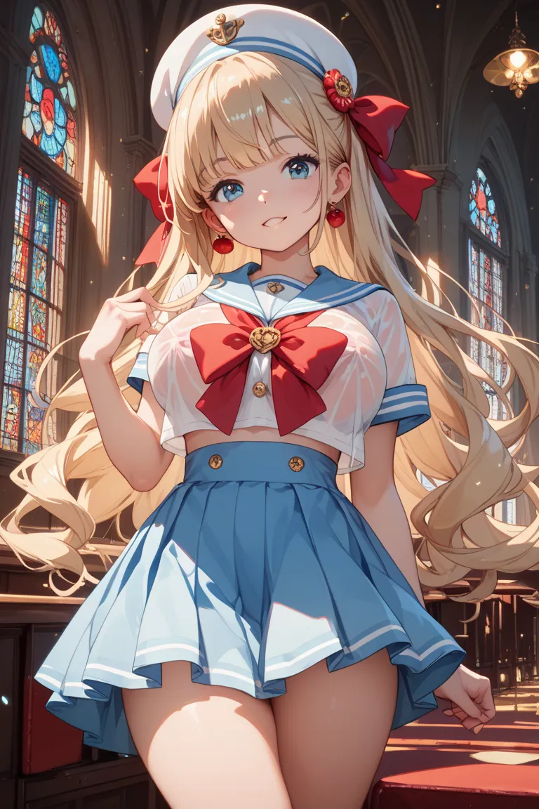 Young girl　Extra Large Breasts　 painful　 clear　cute all see-through sailor suit　Extra large breasts　anime　I&#39;m not wearing underwear　super long hair　Blue Eyes　light blonde　　is youngロリ　　is young　Red Ribbons　church　Extreme Mini Skirt