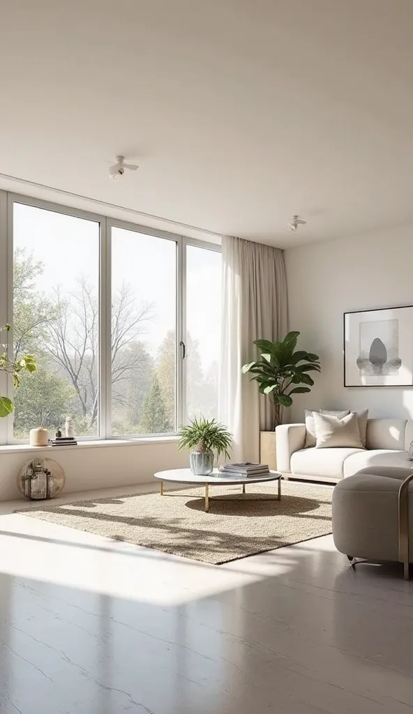 Generate a hyper-realistic image of a serene, modern interior design inspired by @inspiringdesignanet. The scene should feature a spacious living room with large floor-to-ceiling windows allowing natural light to flood the space. The room should have a min...