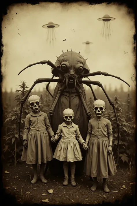 daguerreotype, tintype, bizarre, creepy, weird, detailed surreal scene, outdoors, humanoid family with distorted features, unnatural anatomy, deep set, detailed eyes with dark circles underneath them, skeleton like bodies, sunken cheekbones, strange clothi...