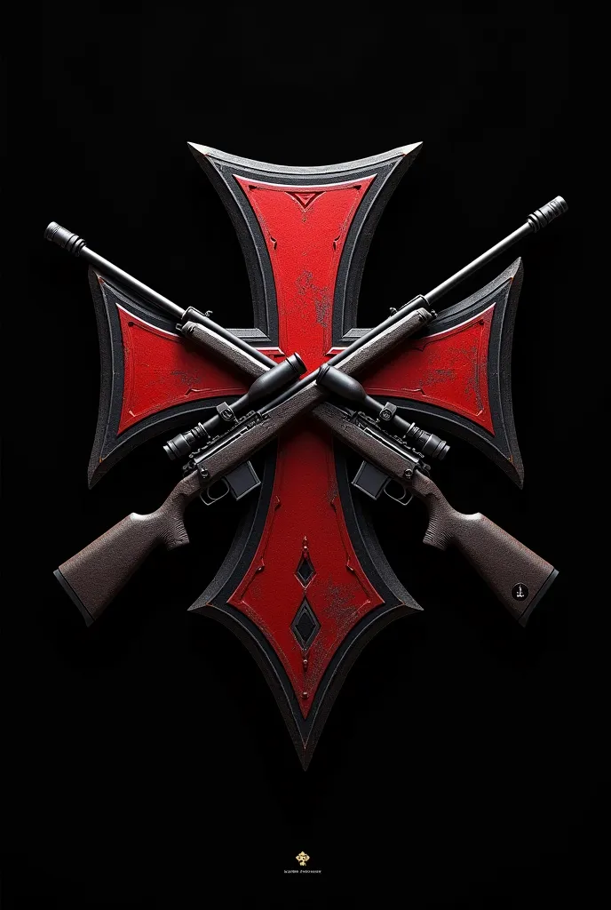 Military emblem with a cross and sniper rifles, colors red-black, the coat of arms must be on a black background 