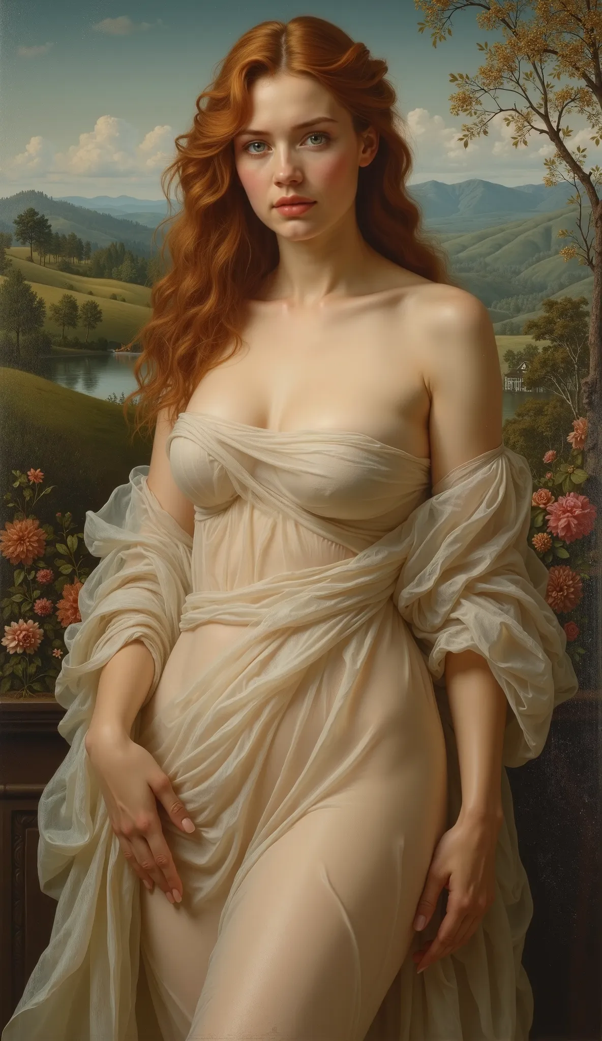 Une peinture dessinée dans le style de Raphaël, une belle femme caucasienne aux seins volumineux vêtue d'une robe transparente.