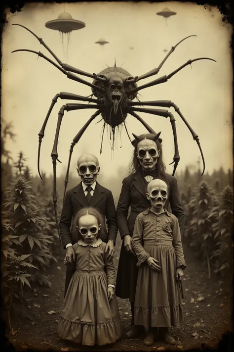 daguerreotype, tintype, bizarre, creepy, weird, detailed surreal scene, outdoors, humanoid family with distorted features, unnatural anatomy, deep set, detailed eyes with dark circles underneath them, skeleton like bodies, sunken cheekbones, strange clothi...