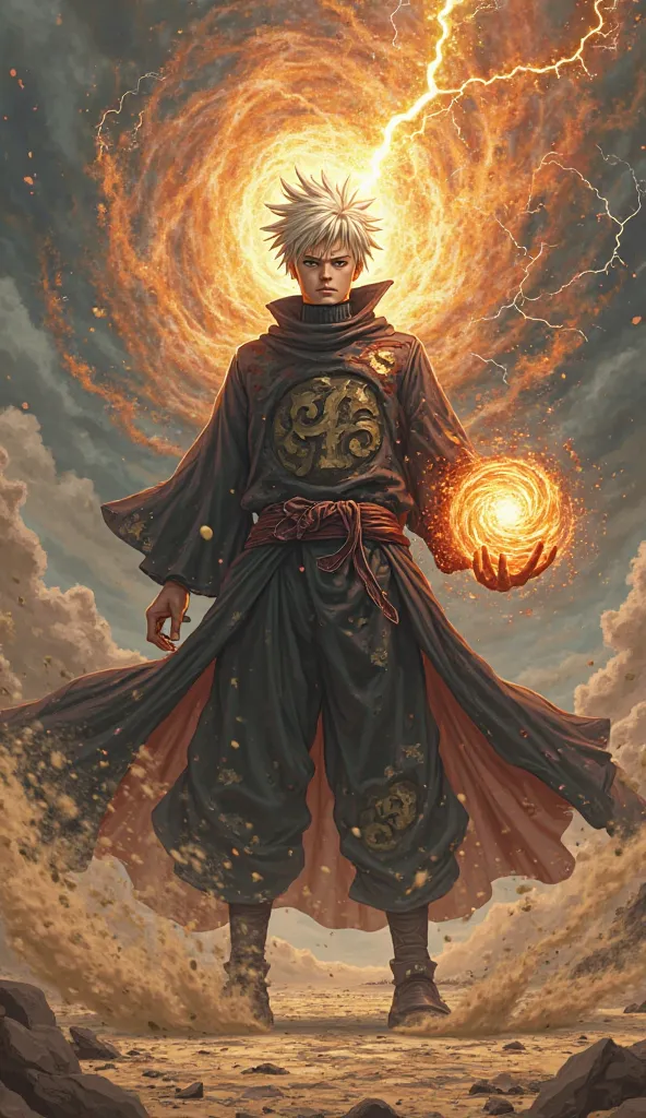 A stunning and hyper-realistic fusion of Gaara from Naruto Shippuden and Satoru Gojo from Jujutsu Kaisen, resulting in a powerful, god-like being. The fused entity stands tall and imposing, with a calm yet intense expression. Its face blends Gaara’s sharp,...