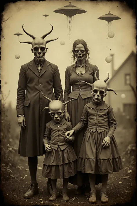 daguerreotype, tintype, bizarre, creepy, weird, detailed surreal scene, outdoors, humanoid family with distorted features, unnatural anatomy, deep set, detailed eyes with dark circles underneath them, skeleton like bodies, sunken cheekbones, strange clothi...