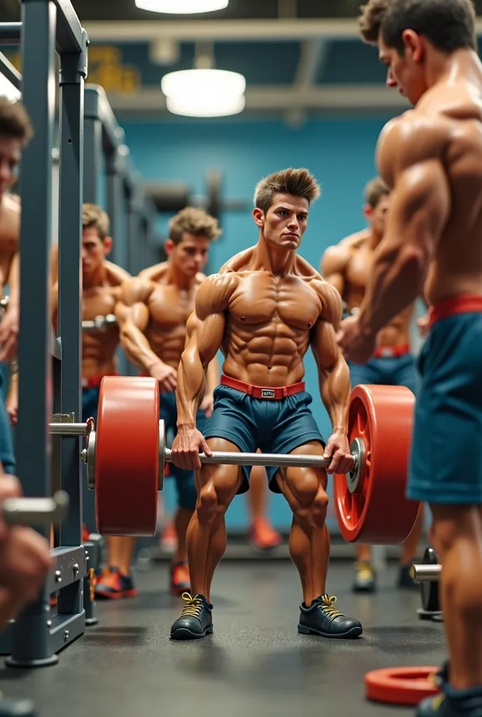 Miniature Body builders girls and boys using different gym equipment . Very huge sizes dumbells ans weight plates. Background written "Doctor's Club and Gym" more people in number 