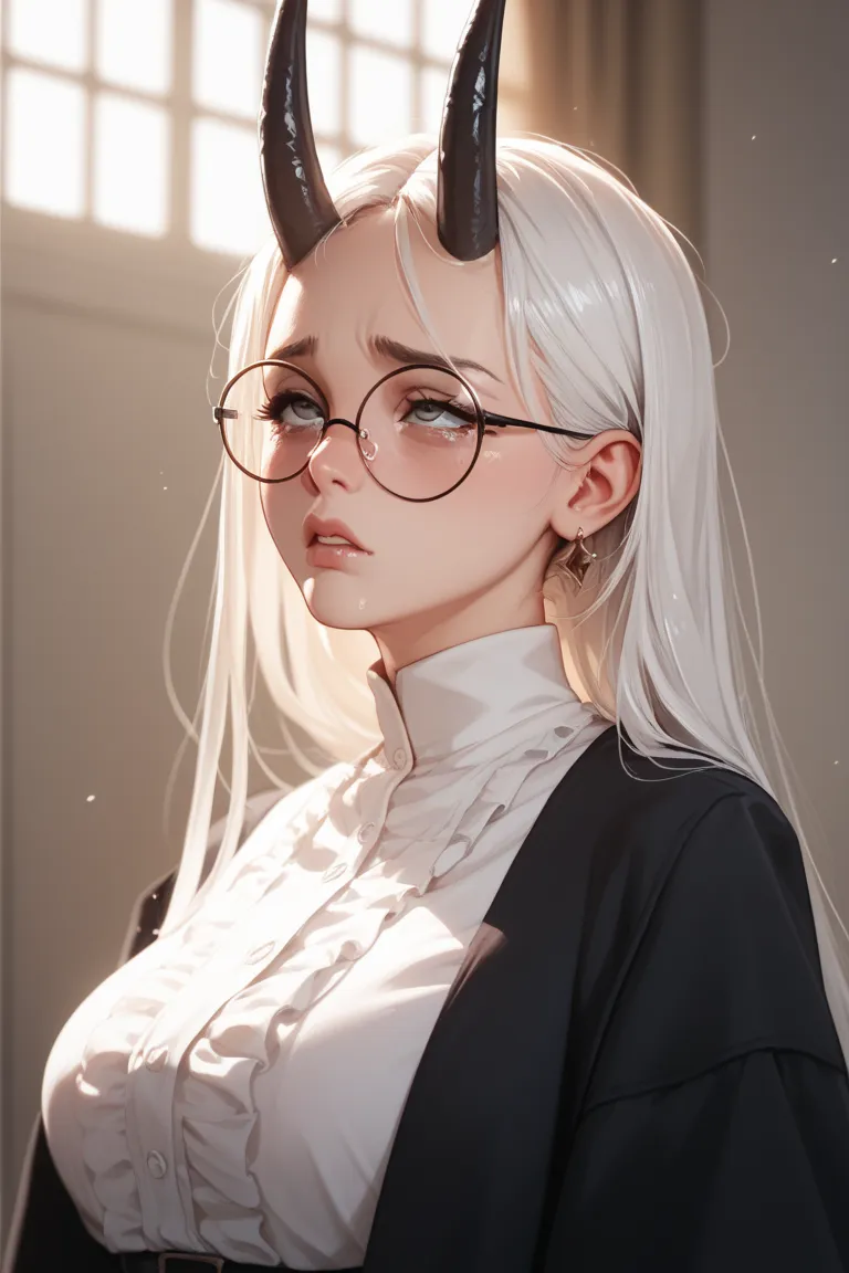 A girl with white long back  hair, normal tits 
Grey Eepy sad Eyes
Front Black horns
Low thin round glasses black
 Fucked by goblins