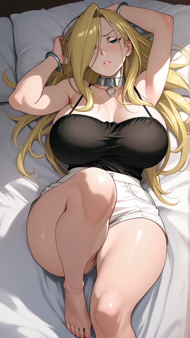 (( the best quality )), ((masterpiece)), (   details), Olivier Mira Armstrong de Fullmetal Alchemist,  rear, long blonde hair, face up,  thick thighs , big breasts, waist,  of foot, [in heat,  seductive,  face of pleasure, ecstatically, blouse, bare should...