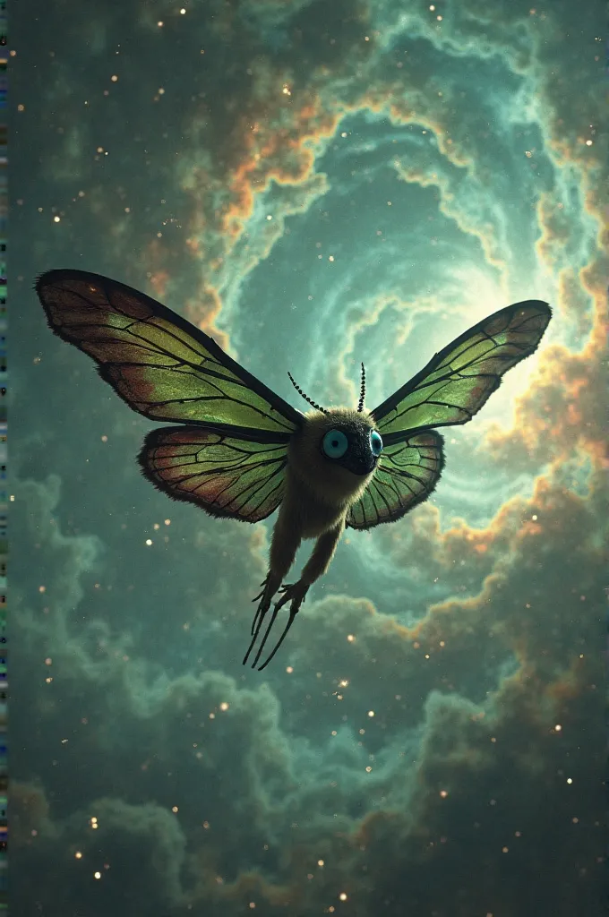 Hybrid human with a moth flies through the night sky,  He is more animal than human,  has antennas and large insect eyes.. He has beautiful wings colored green, black and red. In the background his spaceship in the middle of a nebula