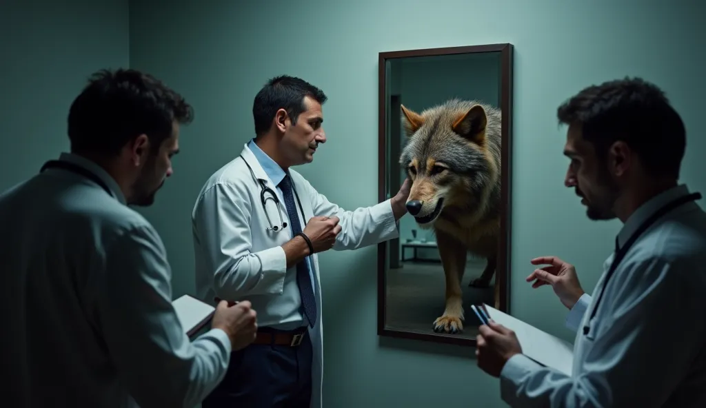 Image split in half: on the left, an ordinary man looking into a mirror. On the right, his reflection shows a ferocious werewolf. The man touches the mirror, confused. In the background, silhouettes of doctors observe and take notes, symbolizing the clinic...