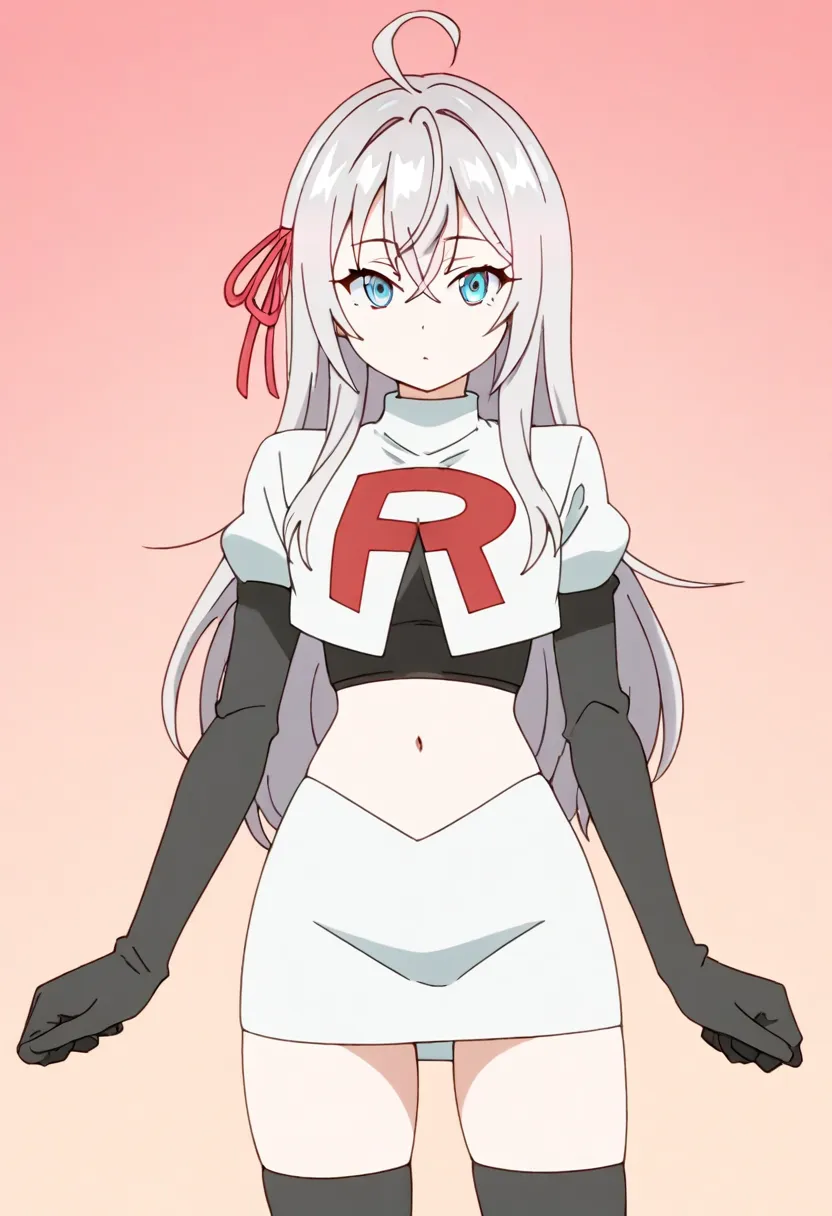 masterpiece, best quality, amazing quality,
1girl, solo, looking at viewer, gradient background, 
long hair, silver hair, ahoge, crossed bangs, red hair ribbon, sidelocks, blue eyes,
team rocket,team rocket uniform,white skirt,red letter R,crop top,black t...