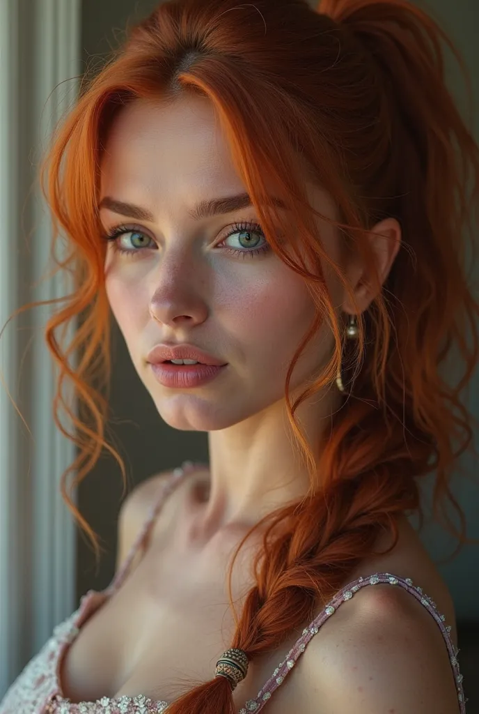 Beautiful 35-Year-Old Turkish Woman, redhead, Close-up Face Portrait, ponytail, PhotoRealistic, Photo, masterpiece&#39;, Realistic,  realism, Photo realism, large breasts,  high-contrast, PhotoRealistic digital art trending on Artstation 8k HD high definit...