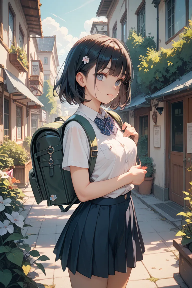 female elementary school student　 small tits　Low body　 black hair　backpack