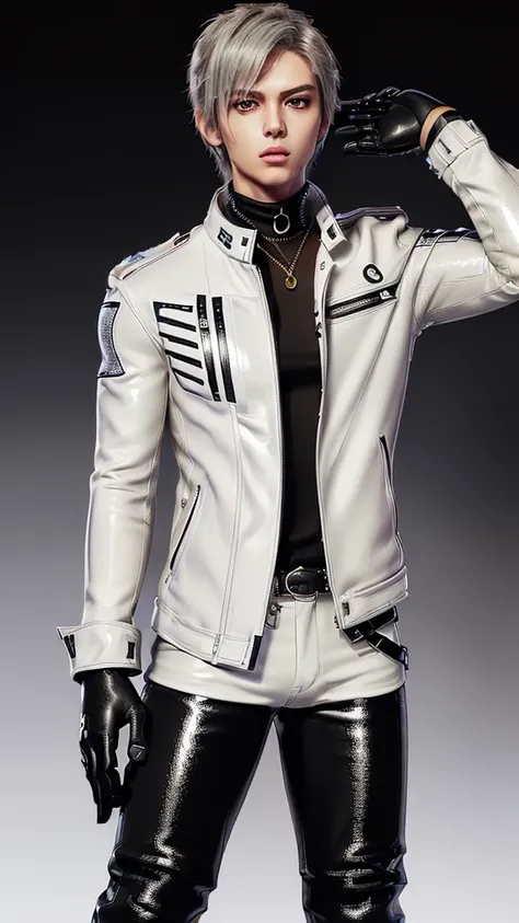 ((Final fantasy taste and reality graphics)), (((very cool and good looking young cute Japanese  boy))), his age is early 20s, thin eyebrows and beady eyes,  (((((he wearing very thick and heavy cream white color leather, single-brest and double zipper jac...