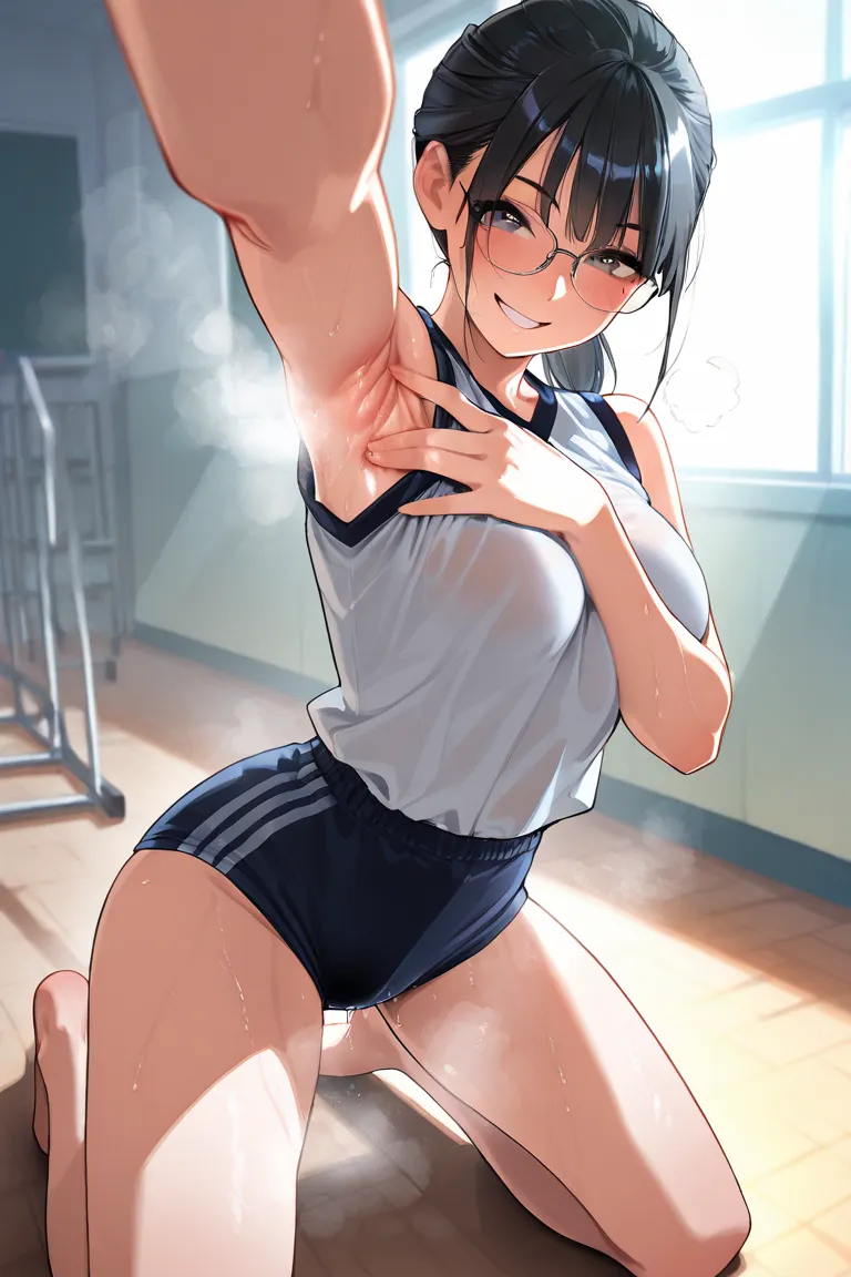 masterpiece, 8k, school, no shoes, bare feet, ponytail, black hair, sweat stains, school gym ware, glasses, (mole under the eye:1.0), (kneeling:1.5), 1girl, spread armpit, sweaty armpits, thin chests, medium breasts, close-up face, Dynamism, unrealistic be...