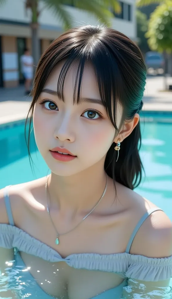 real image like the photo、８ｋ、Municipal pool、background、 Suspended Eyes、women with innocent expressions that leave the vibe of a girl、 black hair、straight hair、blue eyeshadow、Cheek、lipstick、mascara、eyebrow、school swimsuit、Full Body Accessories、