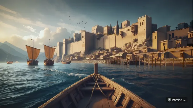 A walled Greek city in ancient Greece with a port, seen from the perspective of a boat, with an upward angle and in first person.