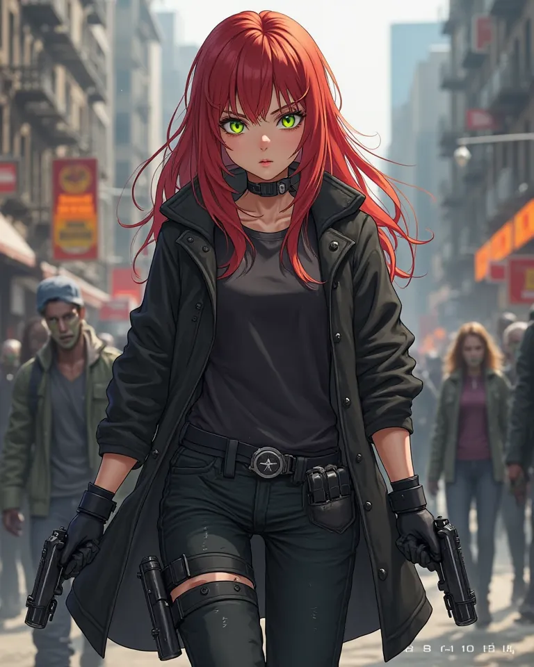 a 20 year old girl, badass style, anime trait, eyes with the iris half in the technological colors green and yellow, long hair and fringe on the forehead, red hair with half orange tips, youthful face, serious facial expression with an arrogant smile,  bla...