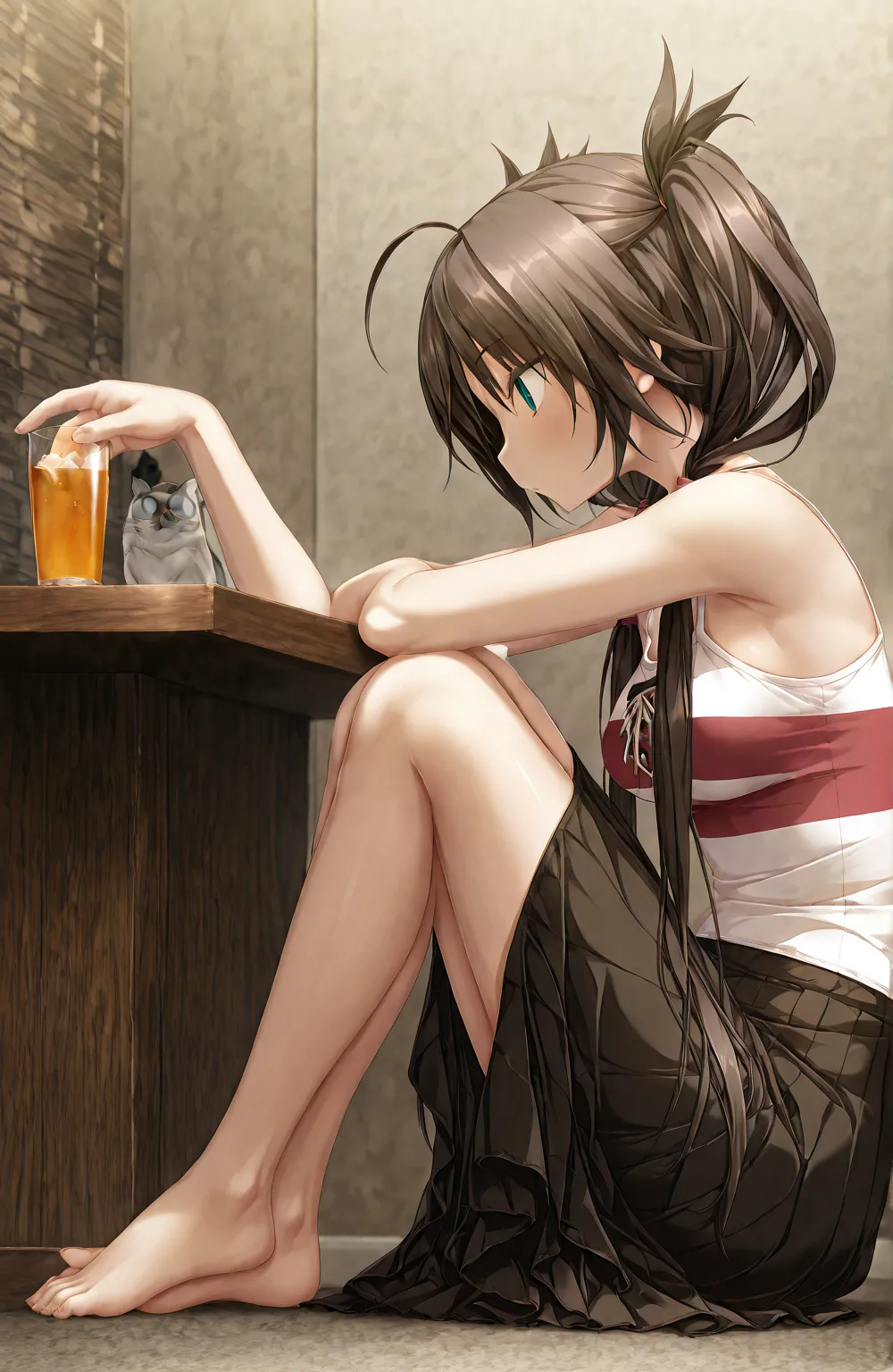 D_jirooo ,a girl,change,tank top,,twin pigtails,negro_hair,flen _chest,rosa_striped_meDias altas,Drink_source,equilibraDo_hair,De_siDe,profile,miranDo De reojo_en_espectaDor,language_outside, propensity _ADelante, full body foot skirt, coquette,