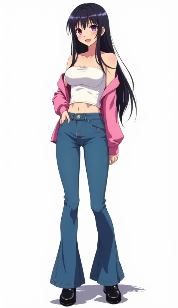 Japanese anime age woman with long straight black hair and short locks dyed with purple and intense magenta eyes and She wears a tight white bandeau top, combined with blue bell jeans that give it a retro and casual style. Besides, She has an open pink shi...