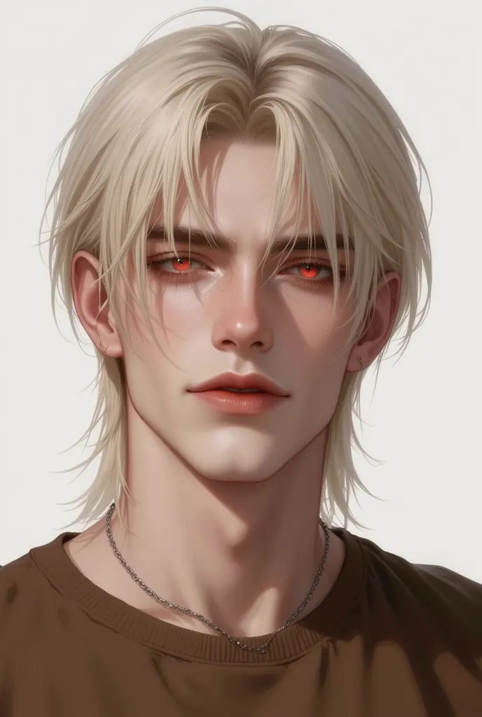 Masterpiece, best quality,(artist) very detailed, 1man platinum blond hair, red eyes, wearing a brown t-shirt, A handsome male.  dynamic pose, shoulder langth bang hair, manly, man. face close up