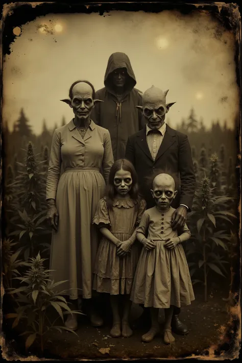 Daguerreotype, tintype. Bizarre, creepy, weird stuff, detailed surreal scene, outdoors, humanoid family with distorted features, unnatural anatomy, twisted haunted detailed facial expressions, unsettling atmosphere, field of Marijuana plants behind them, g...