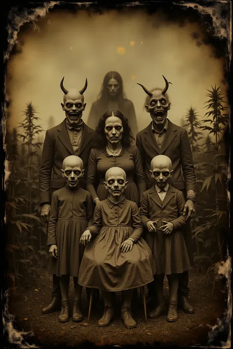 Daguerreotype, tintype. Bizarre, creepy, weird stuff, detailed surreal scene, outdoors, humanoid family with distorted features, unnatural anatomy, twisted haunted detailed facial expressions, unsettling atmosphere, field of Marijuana plants behind them, g...