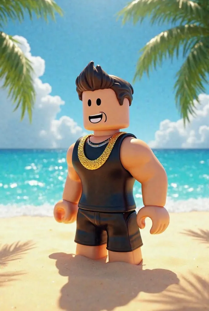 Roblox, beach hangout with a roblox man using black sando and have a gold necklace