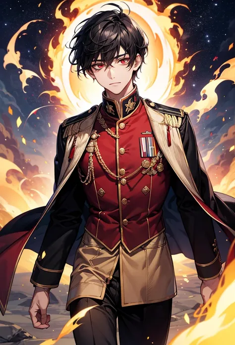 masterpiece, high resolution, excellent quality , 8K , man,  male gender, black hair, red eyes  , military uniform  , short hair , the fire god , bright eyes,  under the stars  , Alone 