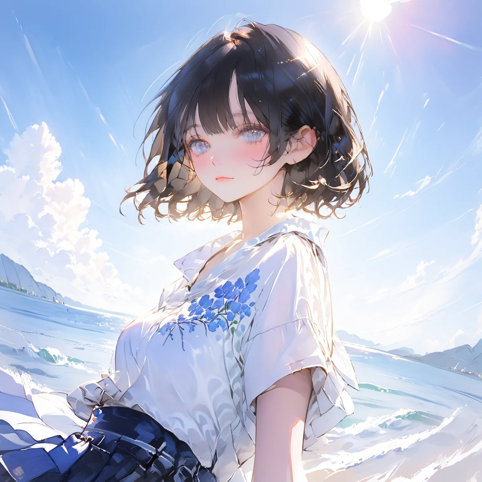 A female character with soft and delicate facial features, round eyes, high cheekbones, smooth skin, black hair, wavy bob haircut, and sky blue eyes. She is wearing a simple yet elegant white shirt paired with a navy tennis skirt. The outfit is casual yet ...