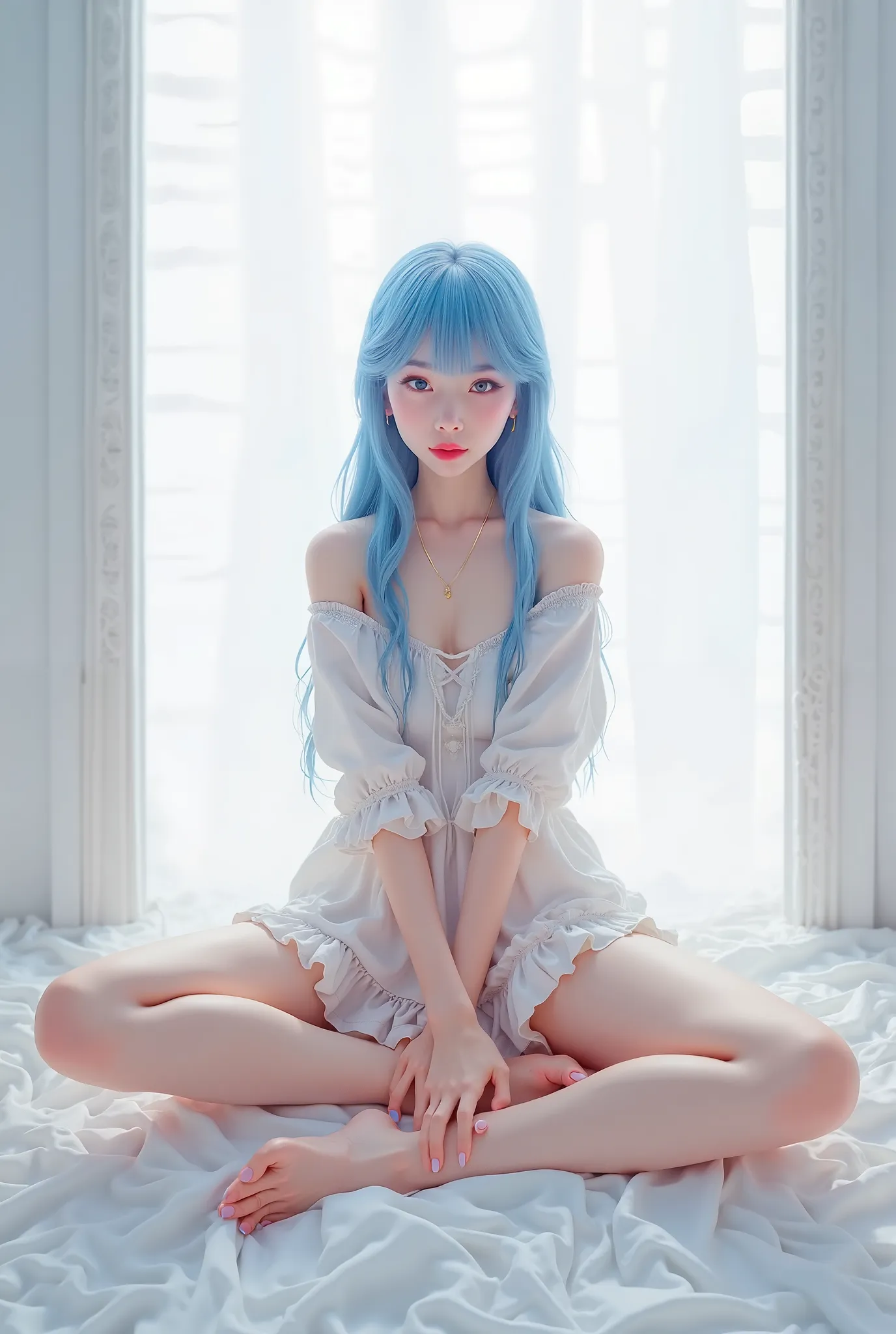 Rem was sitting with her legs open in an M shape