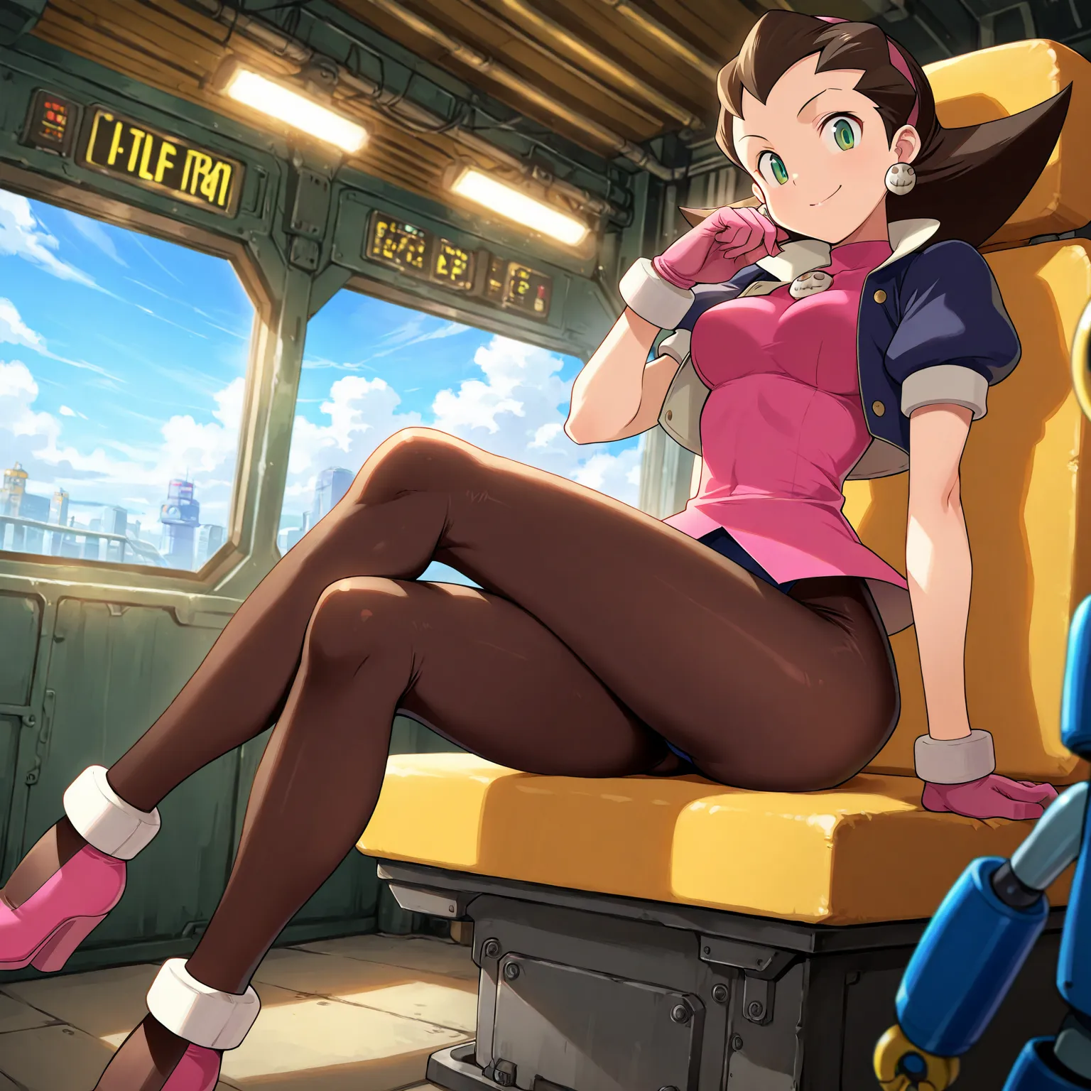 masterpiece, the best quality, indoors, cinematic lighting, amazing quality, very aesthetic, absurdres, the best quality, 4k, deluxe,   Tron Bonne ,  Main suit , Alone ,  smile, Sitting, sky, day,  legs, crossed  legs 