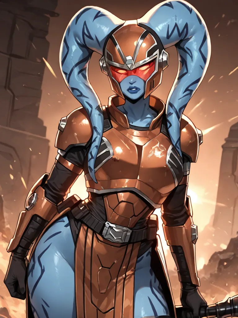 Twi'lek woman blue skin mandolorian armor in battle