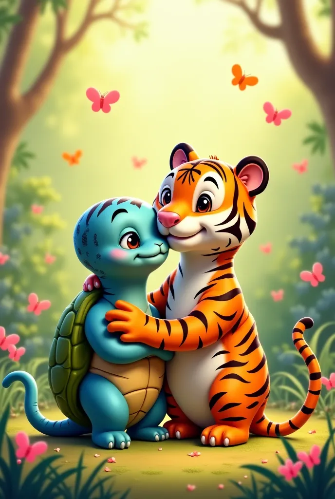 Make a turtle hugging a tiger in cartoon style 