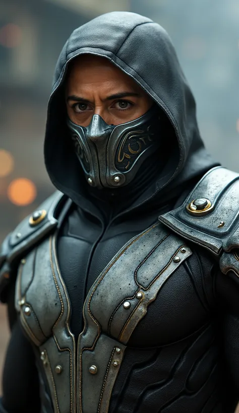 Here is a detailed prompt to generate an image **super realistic** do ROBERT DOWNEY JR como **Smoke**, focused on **upper body photo**, with a shiny metallic outfit and impactful details, and a striking background: --- **"Close-up hiper-realista do Jake Gy...