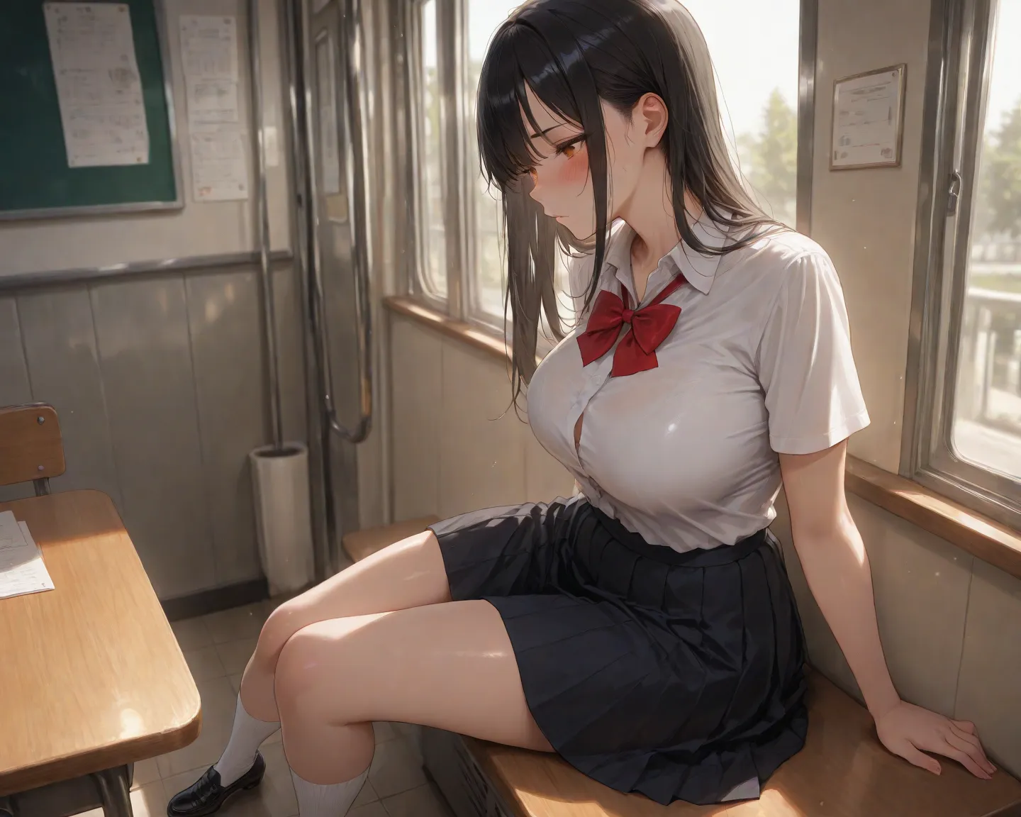 (((Alone))), taking a class, The girl sitting politely in the window seat at the back of the classroom, table, From a side point of view, with a shy expression, very cute face, cute girl, long hair, black hair, bangs, orange eyes, blush, large breasts, blu...