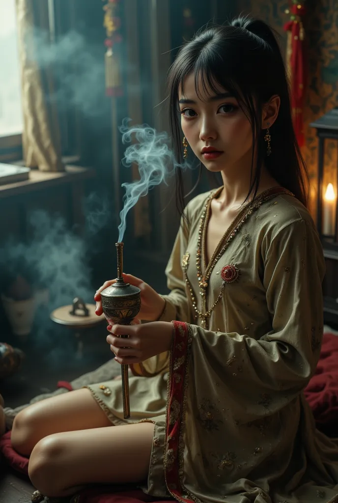 Portray the thin and delicate 18-year-old Chinese girl in a decadent opium parlor during the Opium Wars (decades of 1840 and 1850). She has an extremely slender body, Small bust, thin waist and long thin legs, with a visible space between her thighs.  Your...