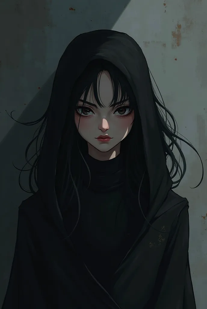 anime style,  Woman, long black hair, dark eyes, to hide, black clothes.