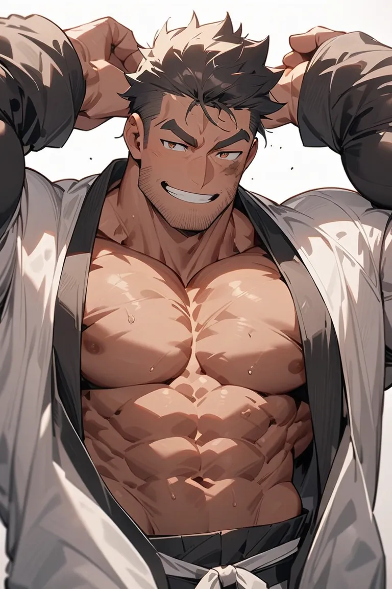 Anime Characters : male ,  tanned skin , maleらしさ,  male性重視,  Muscle Development  male,  Muscle Development , maleが一人 , dandy , Alone ,  black shorthair, messy hair , Thick eyebrows , Stubble,  brown eyes ,  simple background ,  amazing quality , masterpiec...