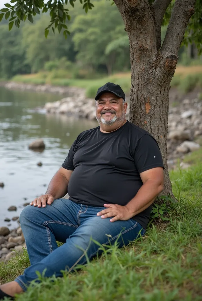 indonesian man, age 40, rather chubby ,  clean face ,  wearing a black sports cap , black t-shirt, celana blue jeans ,smiling expression, look at the camera, sitting and leaning against tree trunk, clear riverside background ,lots of rocks .grass,  Very de...