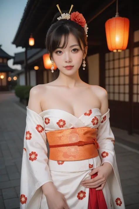 A photo-realistic shoot from a portrait camera angle about a young woman in traditional japanese attire standing in a traditional asian setting, wearing a white kimono with red floral patterns and a large orange sash. the image also shows a woman standing ...