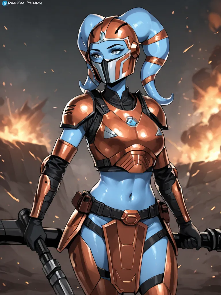 Twi'lek woman blue skin mandolorian armor in battle