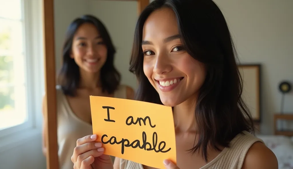 A young woman, around 25 years old, with medium-length straight black hair, light brown skin, and bright brown eyes, standing in front of a mirror in a well-lit bedroom. She is smiling softly, holding a sticky note with the phrase “I am capable” written in...