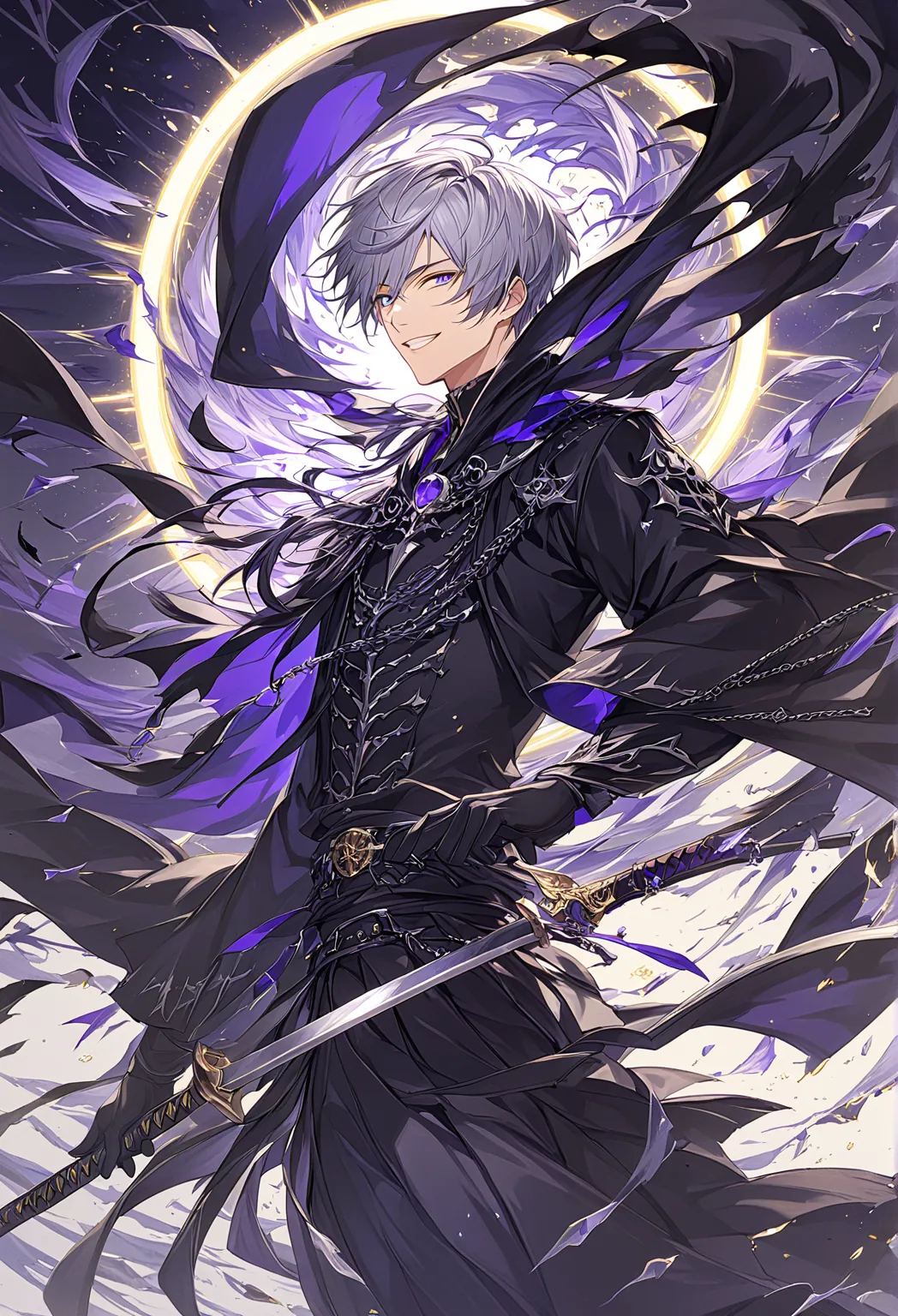 （ very detailed CG:1.5）、（Crisp image quality:1.5）、  Beautiful man  、1 person、（ detailed facial depiction  :1.3）、grim Reaper、enchanting smile、with a sense of dynamism