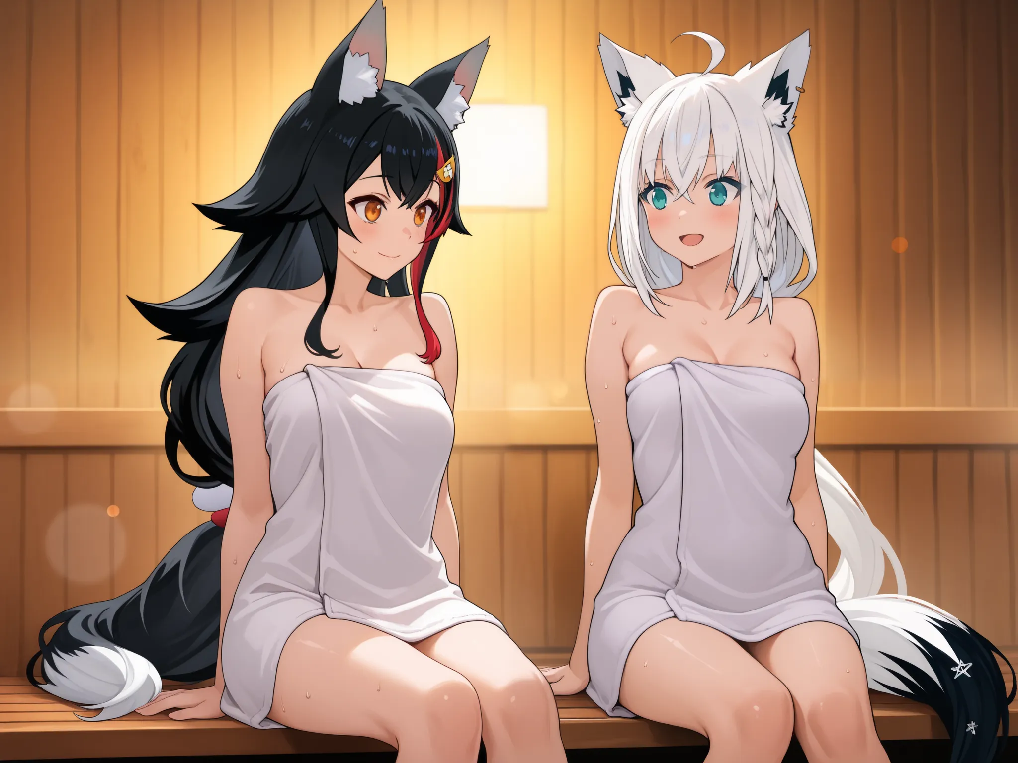 high quality,4K,8k, ultra-fine in 8K,HDR,UHD,Ultra Fine Art,Sharp Focus,Physically Based Rendering I'm Comparing Patience,Super Detail,professional,vivid colors,Bokeh,two girls,One person is Shirakami Fubuki,The other one is ookami mio,Being in the sauna,H...