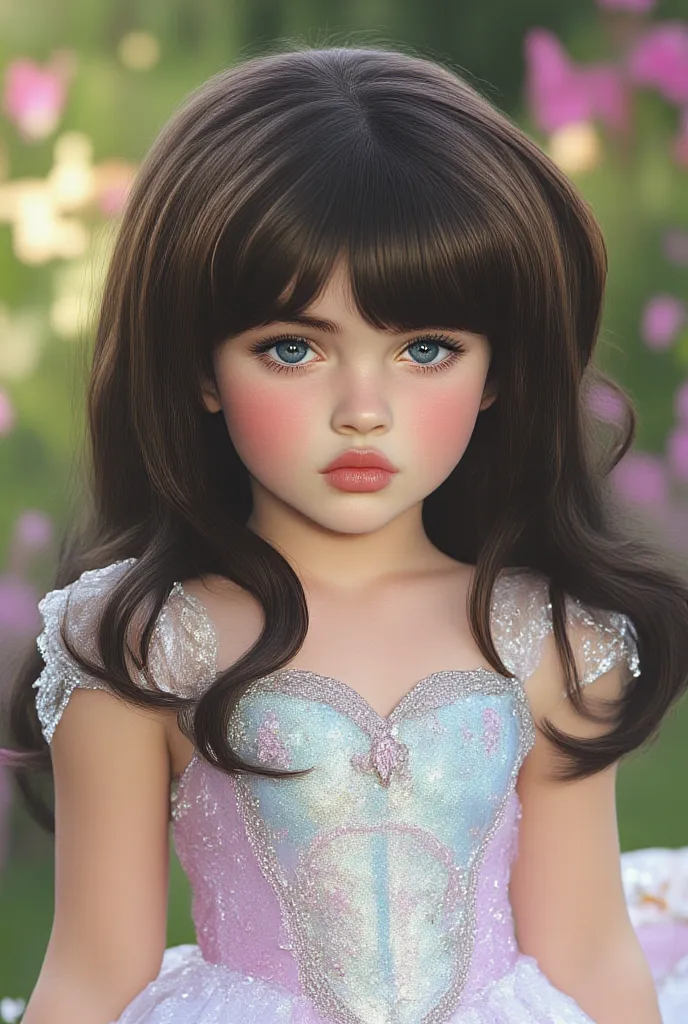 A realistic image of a very beautiful little three-year-old baby with gray eyes and long straight jet black hair with bangs that shine and illuminate a long, extremely long, shiny, soft and beautiful, Wearing a beautiful princess-style silver dress with wh...